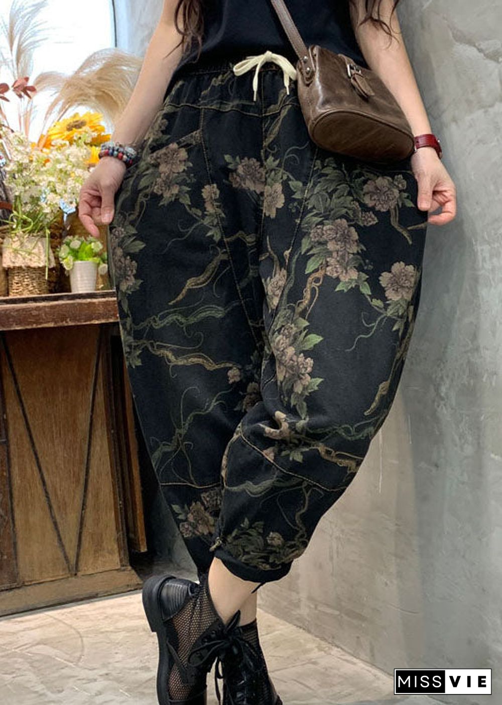 Unique Black retro Cinched Print denim Pants Trousers Spring