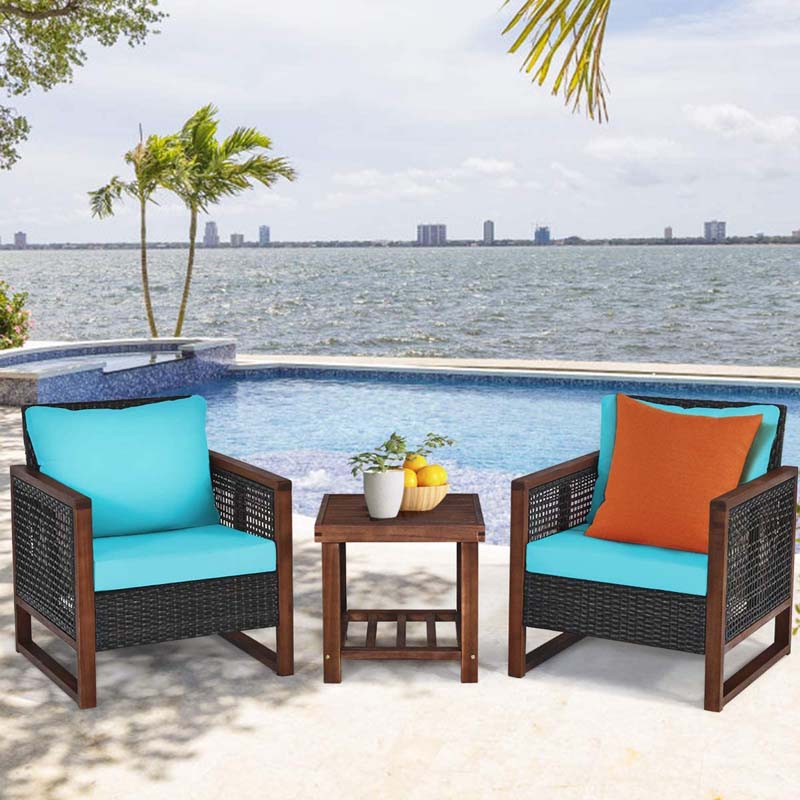 3 Pcs Rattan Patio Furniture Sofa Set Outdoor Conversation Bistro Set with Acacia Wooden Frame & Cushions