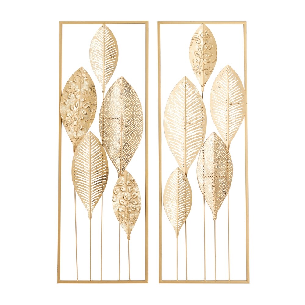 CosmoLiving by Cosmopolitan Gold Metal Tall Cut Out Leaf Wall Decor with Gold Frame (Set of 2)
