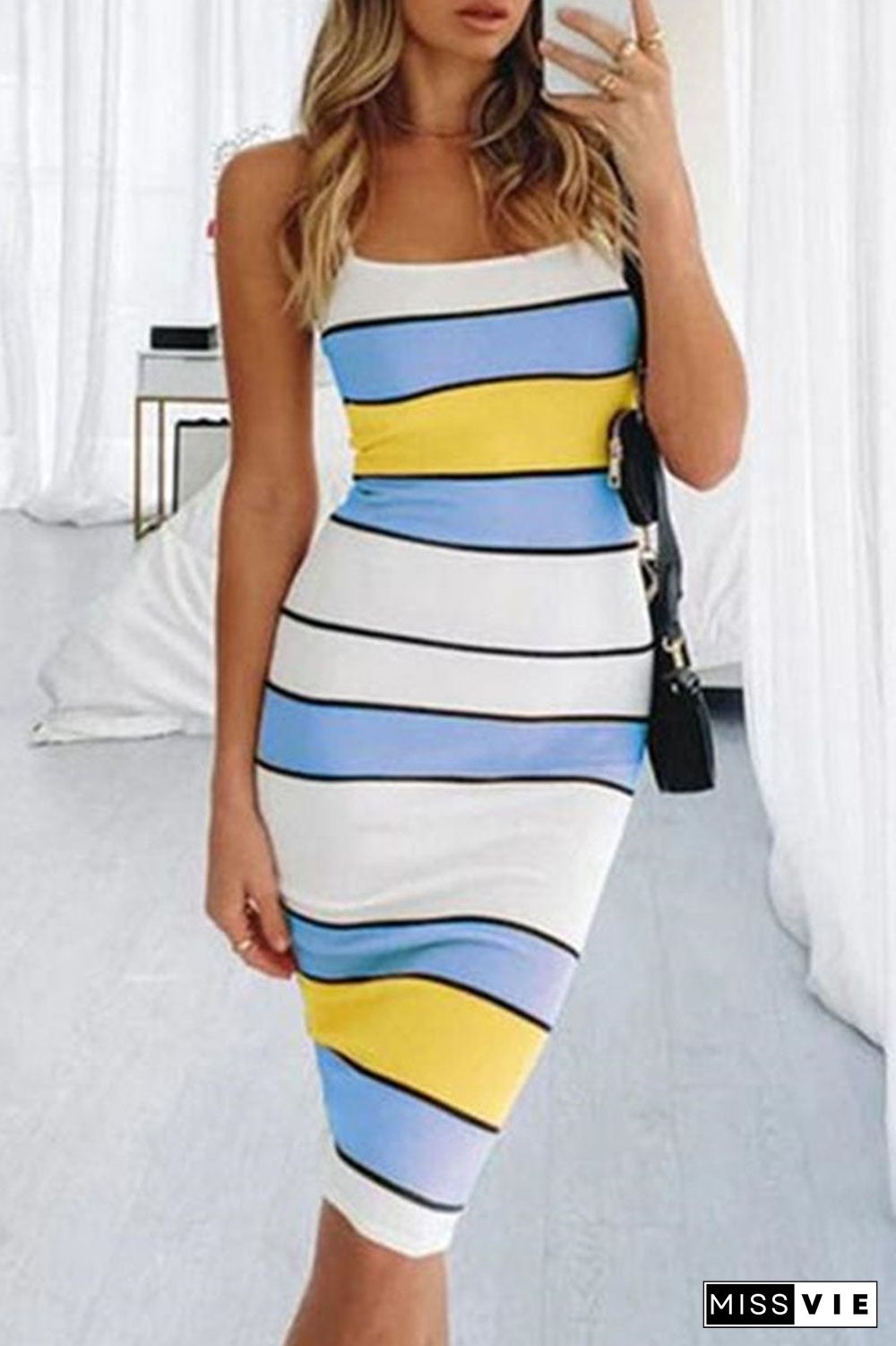 Fashion Casual Striped Split Joint Spaghetti Strap Pencil Skirt Dresses