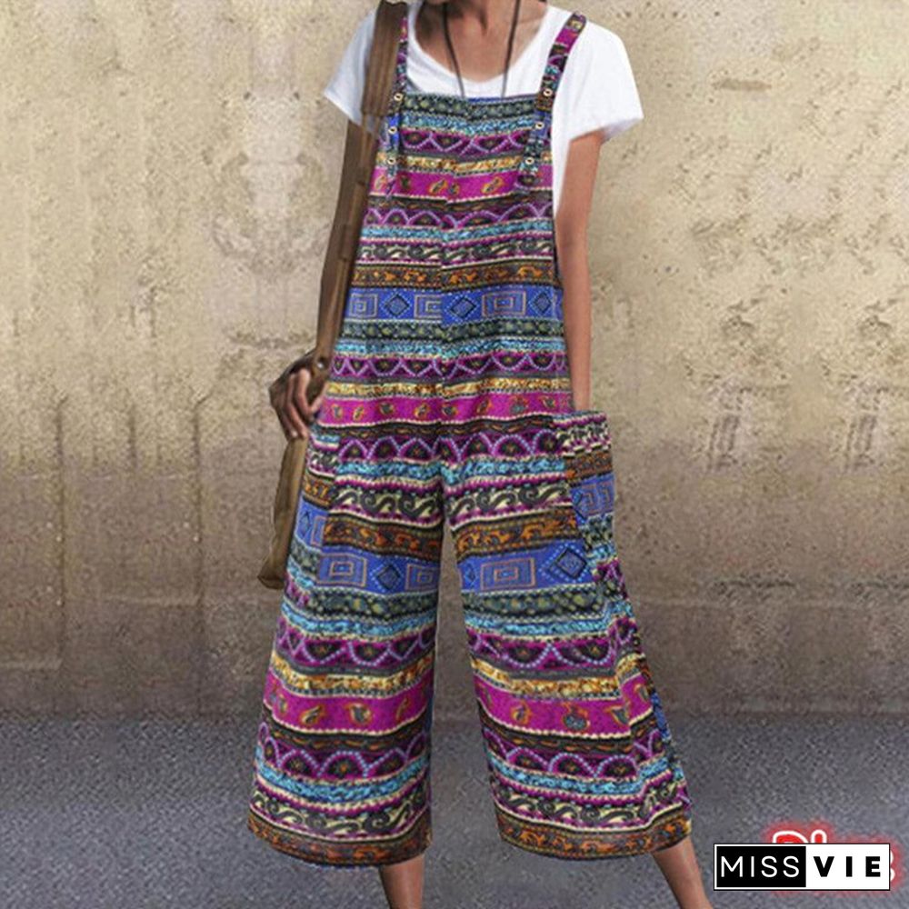 S-5XL Women Sleeveless Printed Casual Straps Overalls Jumpsuits Wide Leg Cotton Dungarees Pants