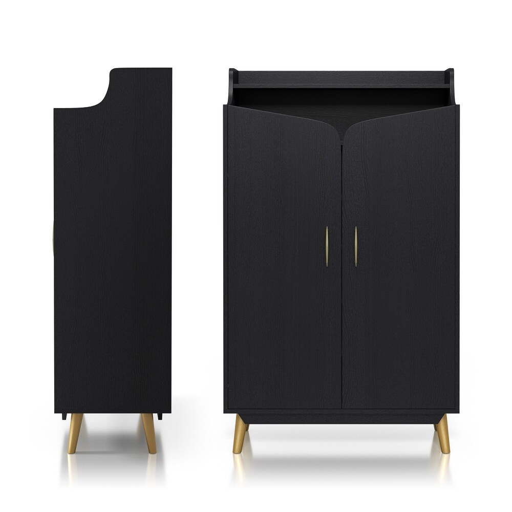 DH BASIC Chic Mid Century Modern Black with Gold 15 Pair Double Door Shoe Cabinet by Denhour