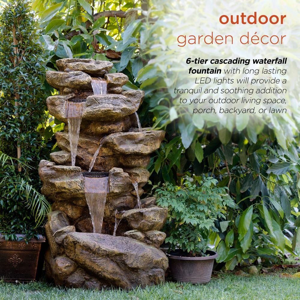 Alpine Corporation 51 in. Tall Outdoor 6-Tier Amazonian Rainforest Waterfall Fountain with 30 LED Lights TZL198