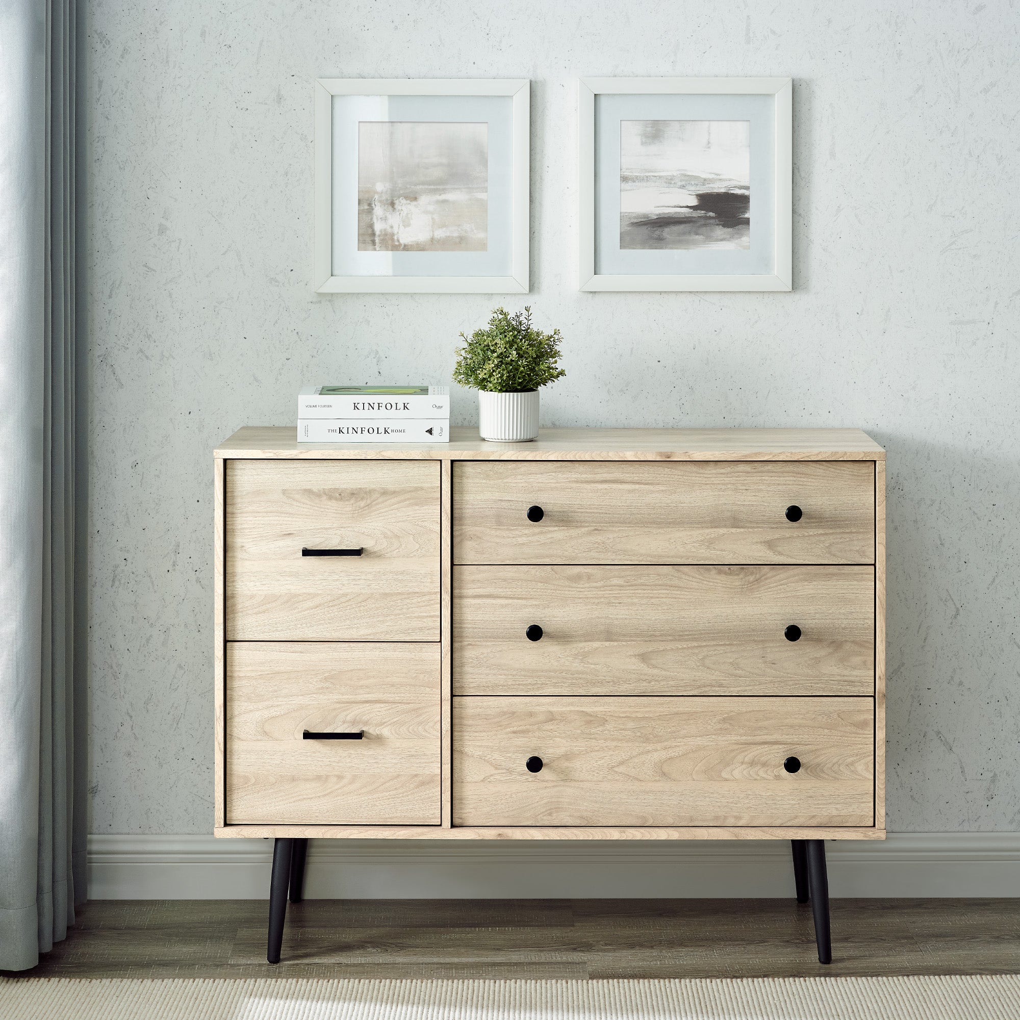 Manor Park Modern Asymmetric 5 Drawer Wood Dresser, Birch