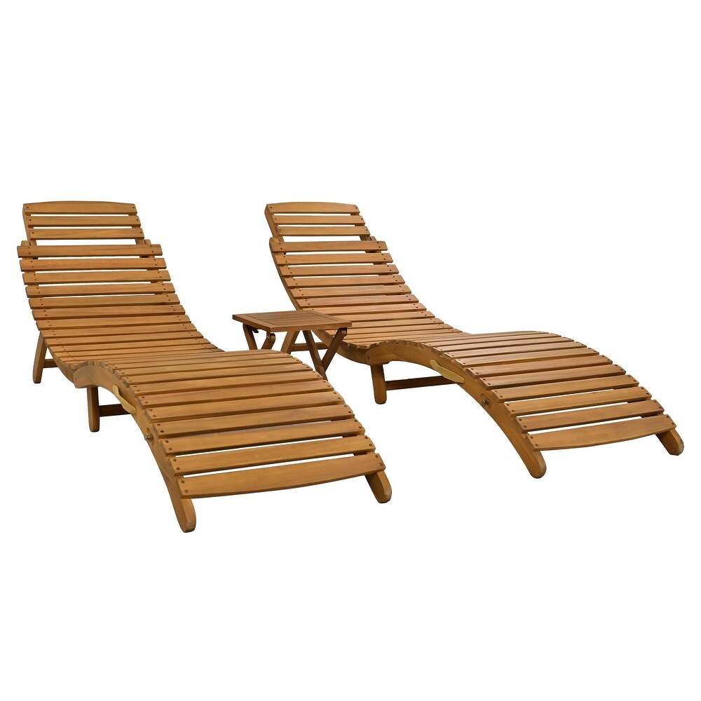 Outdoor Patio Wood Portable Extended Chaise Lounge Set with Foldable Tea Table