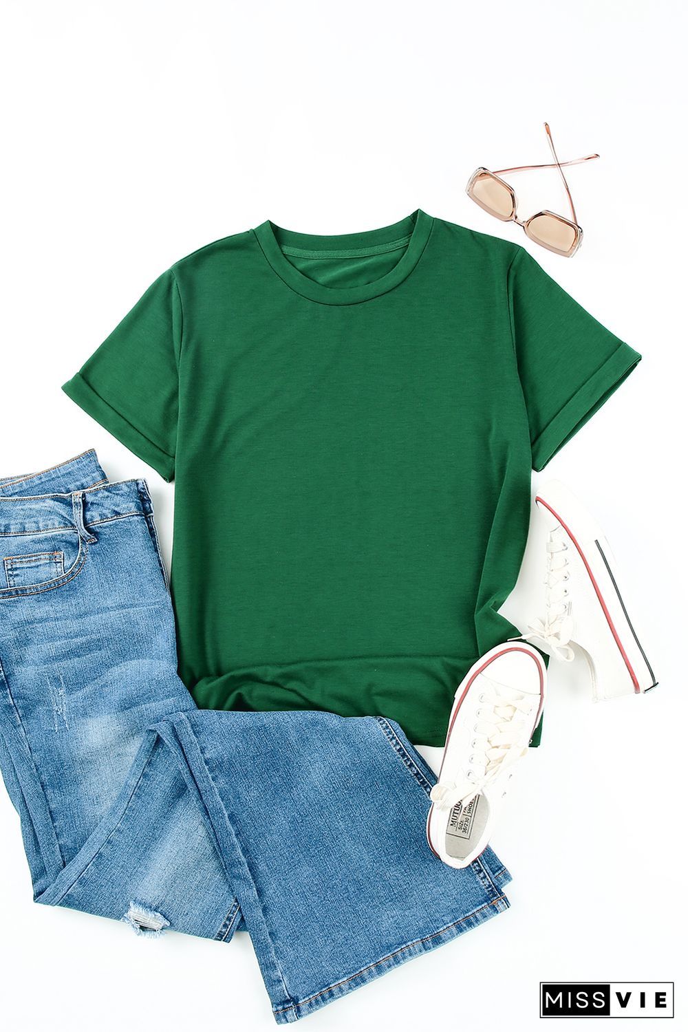 Green Solid Color Crew Neck Tee