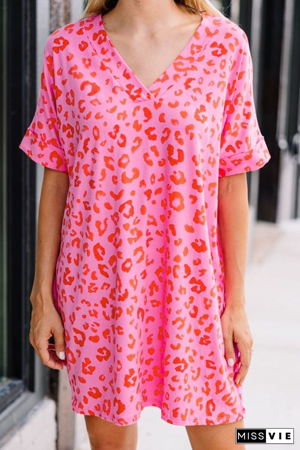 Pink Leopard Print V Neck Shift T-shirt Dress