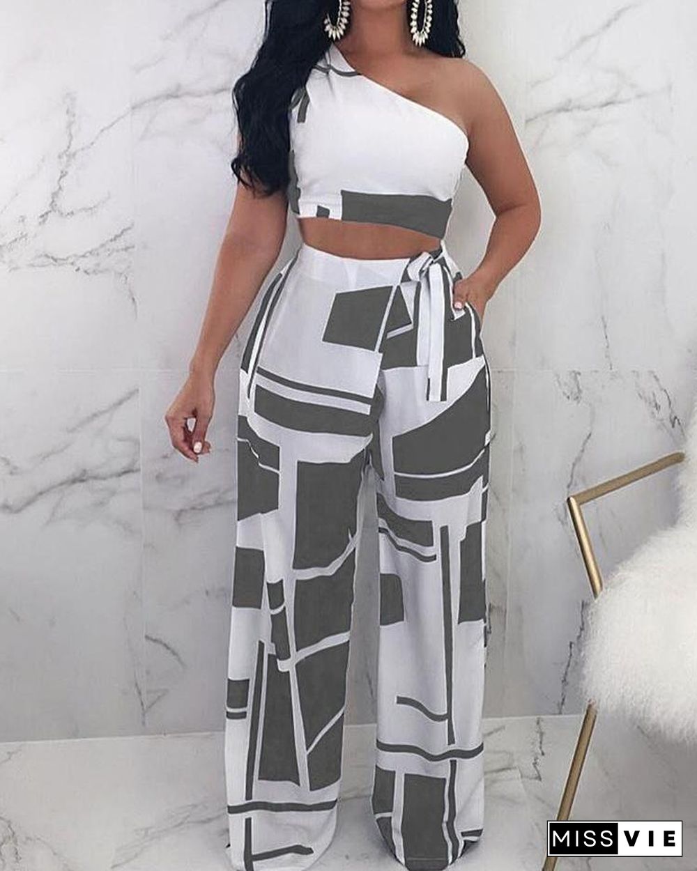 Colorblock One Shoulder Cropped Wide Pants Set P10968