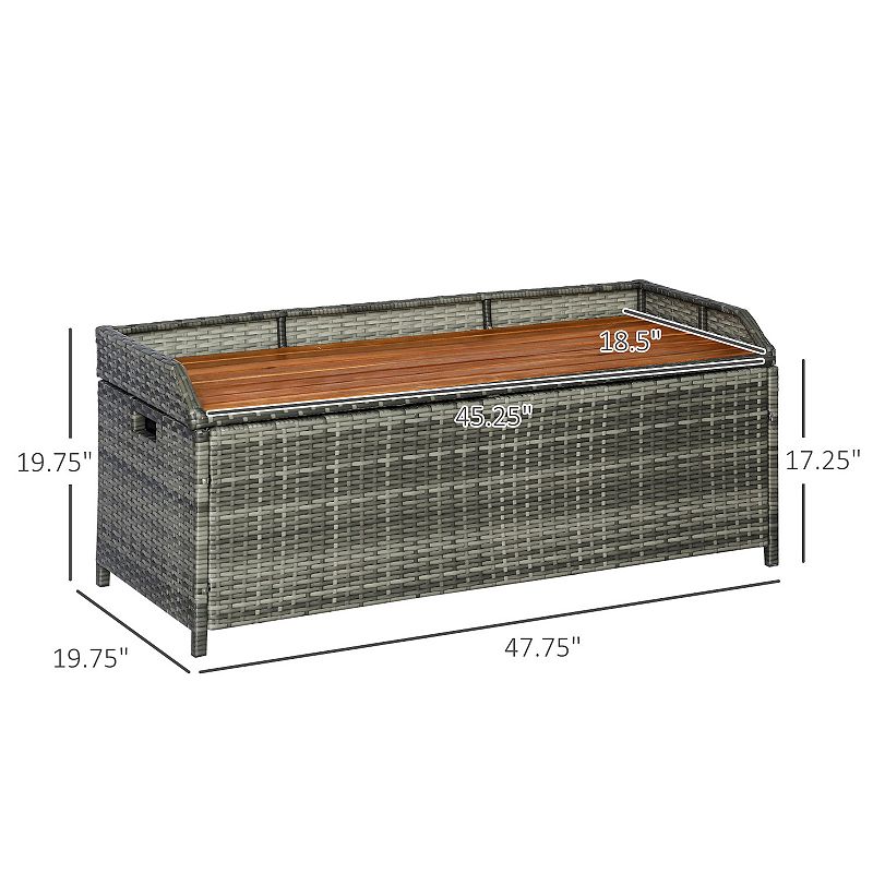 Outsunny Outdoor Storage Bench Wicker Deck Boxes with Wooden Seat， Gas Spring， Rattan Container Bin with Lip， Ideal for Storing Tools， Accessories and Toys， Mixed Grey