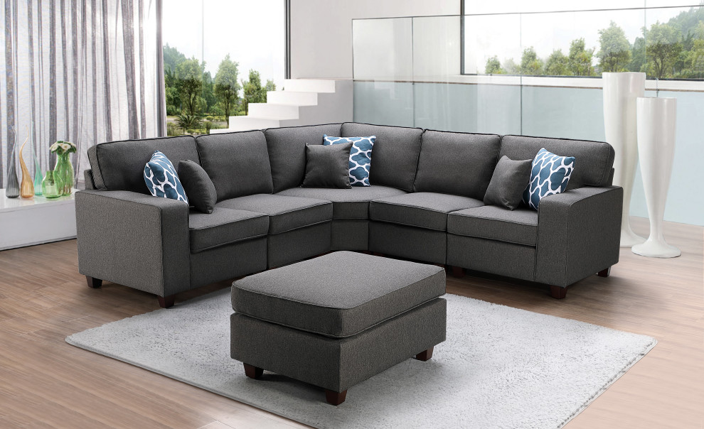 Sonoma Dark Gray Linen 6 Piece Modular Sectional Sofa and Ottoman   Transitional   Sectional Sofas   by Lilola Home  Houzz