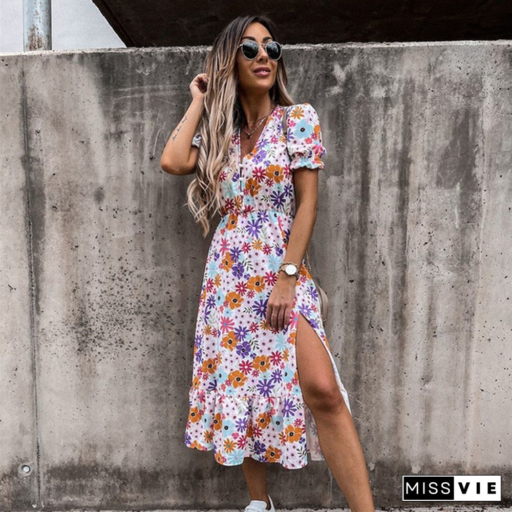 Women Summer Fashion V Neck Short Sleeve Print Long Dress Beach Boho Dress Split Ladies Dress