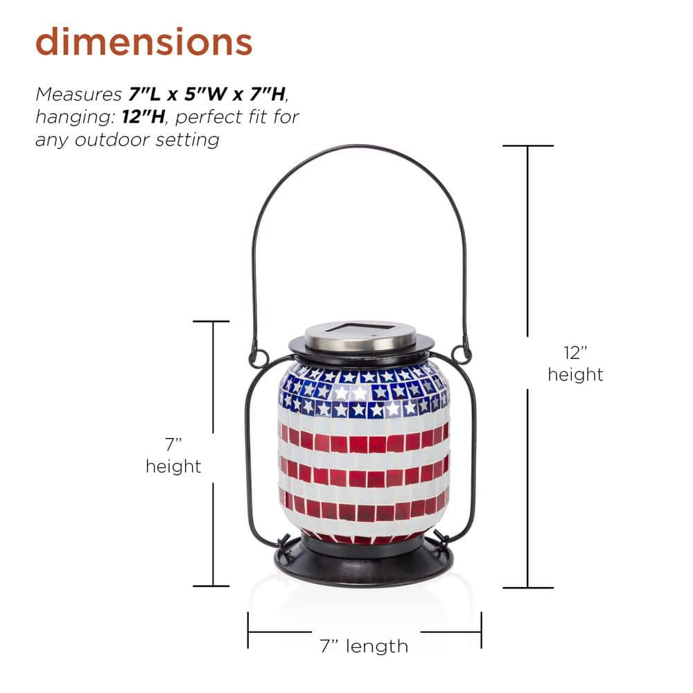 Alpine Corporation 7 in. Tall Hanging Solar Powered Outdoor Patriotic Lantern with LED Lights SLL2224SLR