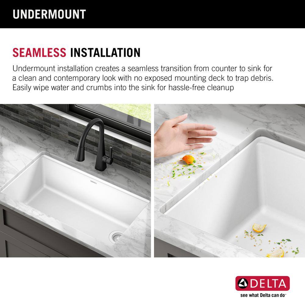 Delta Everest White Granite Composite 32 in. Single Bowl Undermount Kitchen Sink with Accessories 75B933-33S-WH