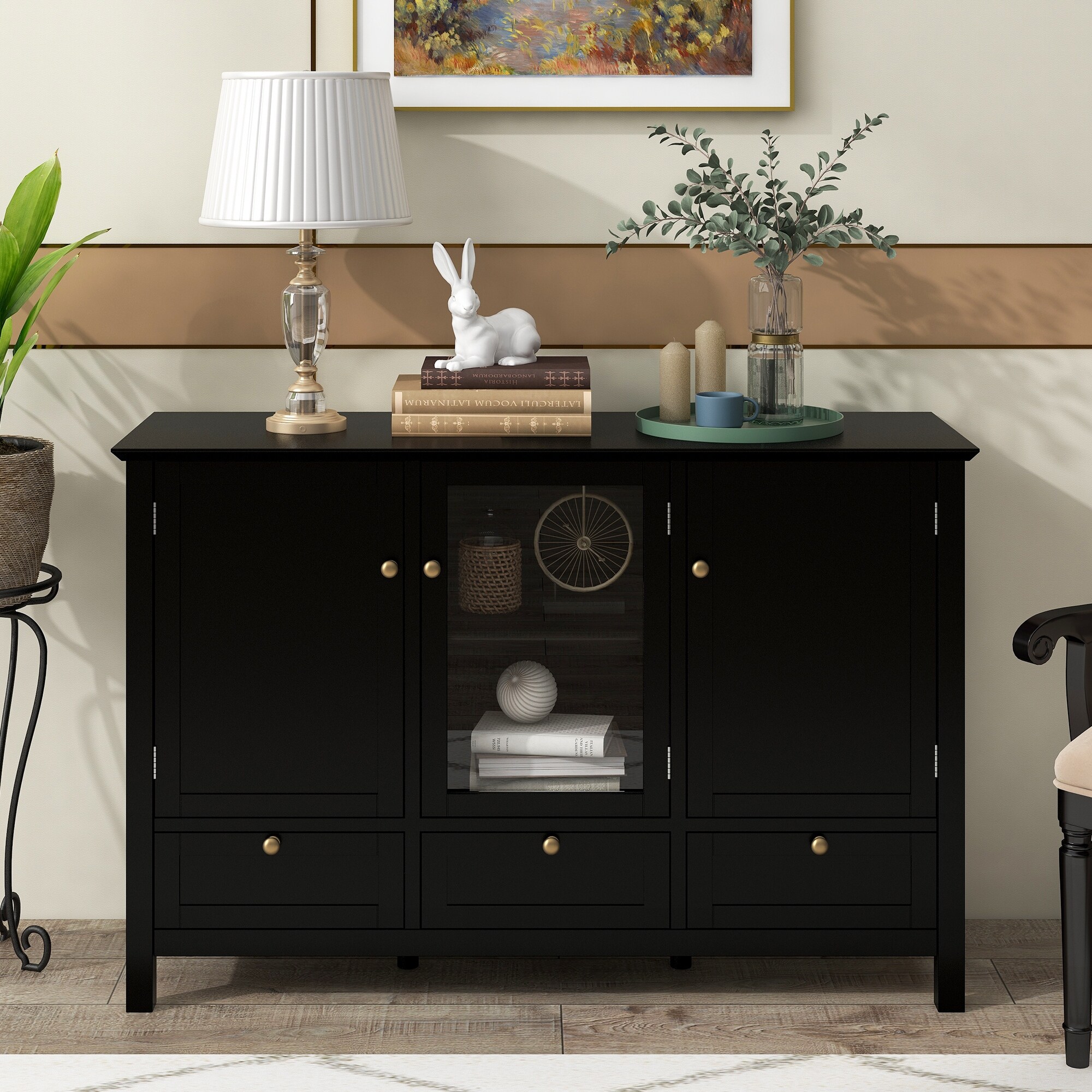 Wood Sideboard Accent Cabinet w/3 Drawers and Shelves