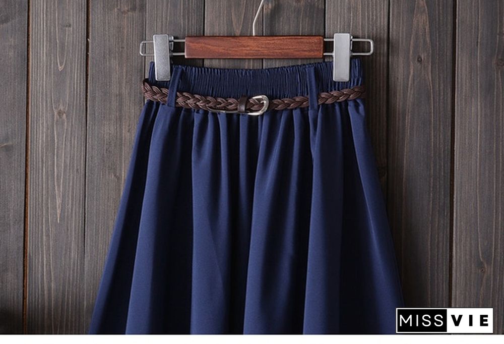 Midi Knee Length Summer Skirt Women With Belt Ladies High Waist Pleated A-Line School Skirt Female