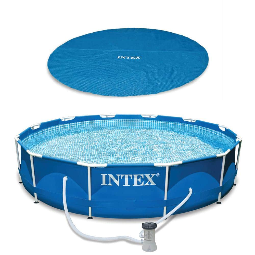 Intex Swimming Pool Solar Tarp Bundled with Metal Frame Above Ground Swimming Pool 28012E + 28211EH