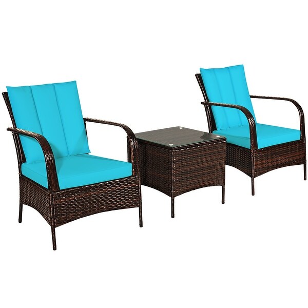 Costway 3 PCS Patio Wicker Rattan Furniture Set Coffee Table and 2