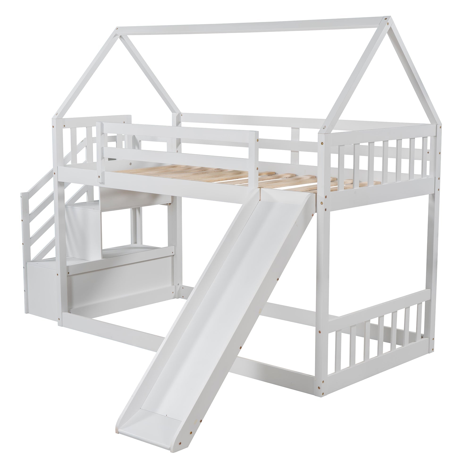 EUROCO Twin over Twin House Bunk Bed with Staircase for Kids Bedroom, White