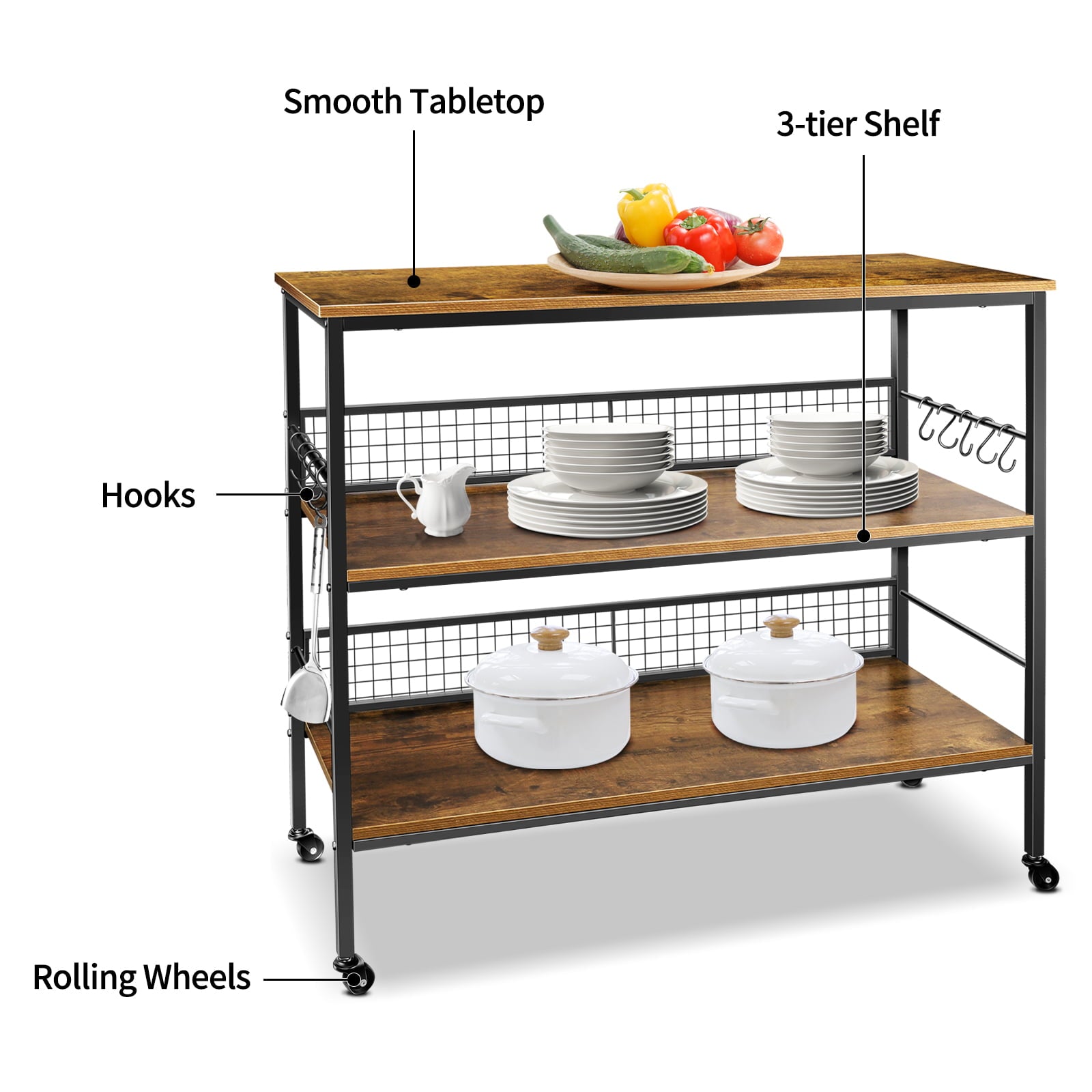 Cheflaud Rolling Kitchen Storage Cart Island with large open shelves and Large Worktop， 3-Tier Kitchen Baker’s Rack with 10 Hooks， Stable Steel Structure and Easy Assembly， Rustic Brown