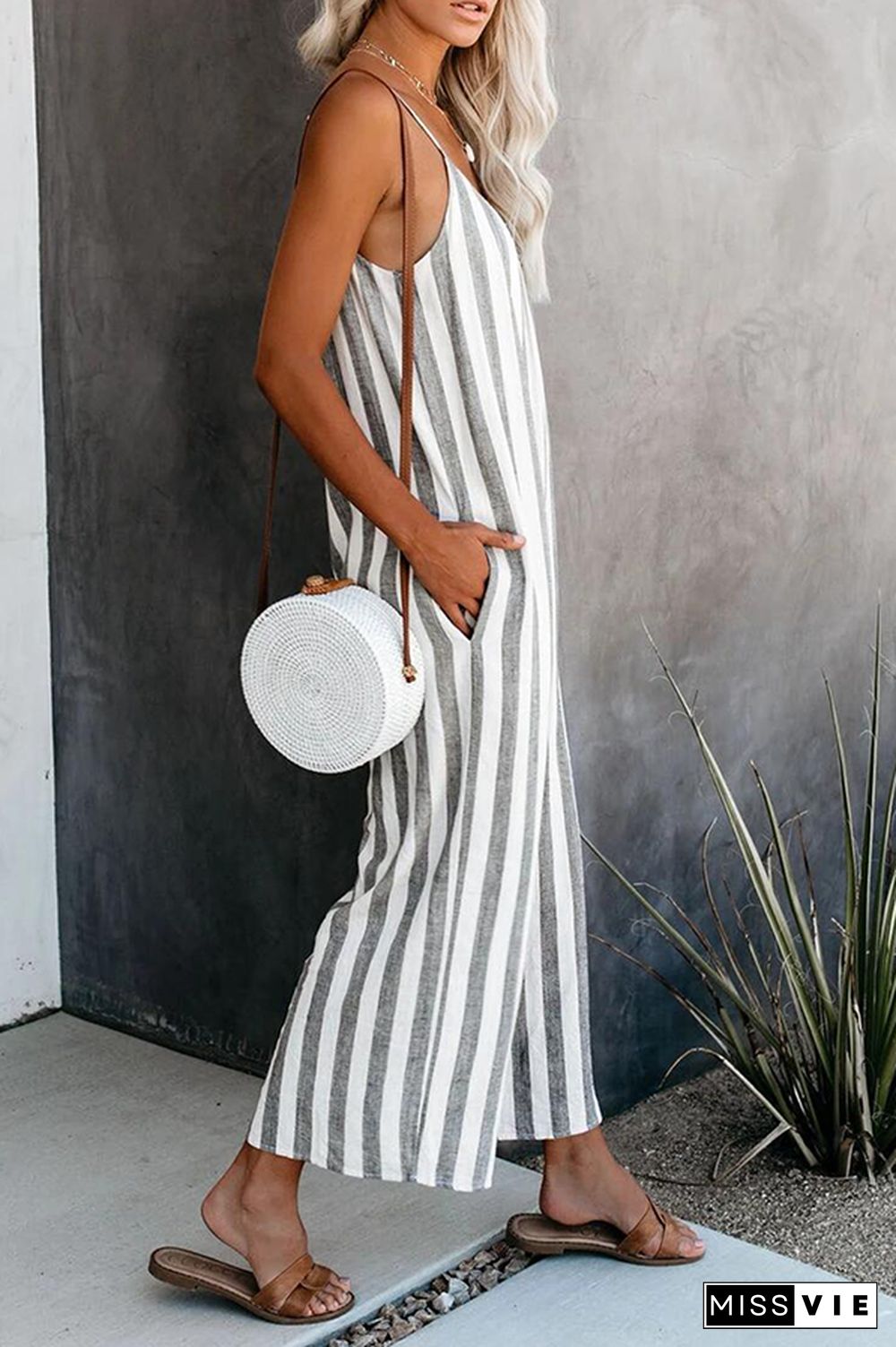 Casual Striped Split Joint Basic O Neck Jumpsuits