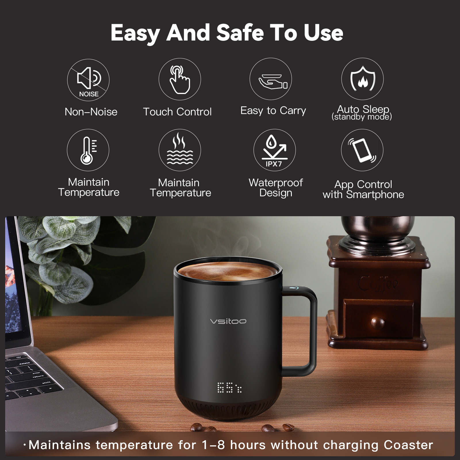 vsitoo S3 Temperature Control Smart Mug 2 with Lid， Self Heating Coffee Mug 10 oz， LED Display， 90 Min Battery Life - AppandManual Controlled Heated Coffee Mug - Improved Design， Coffee Gifts， Black