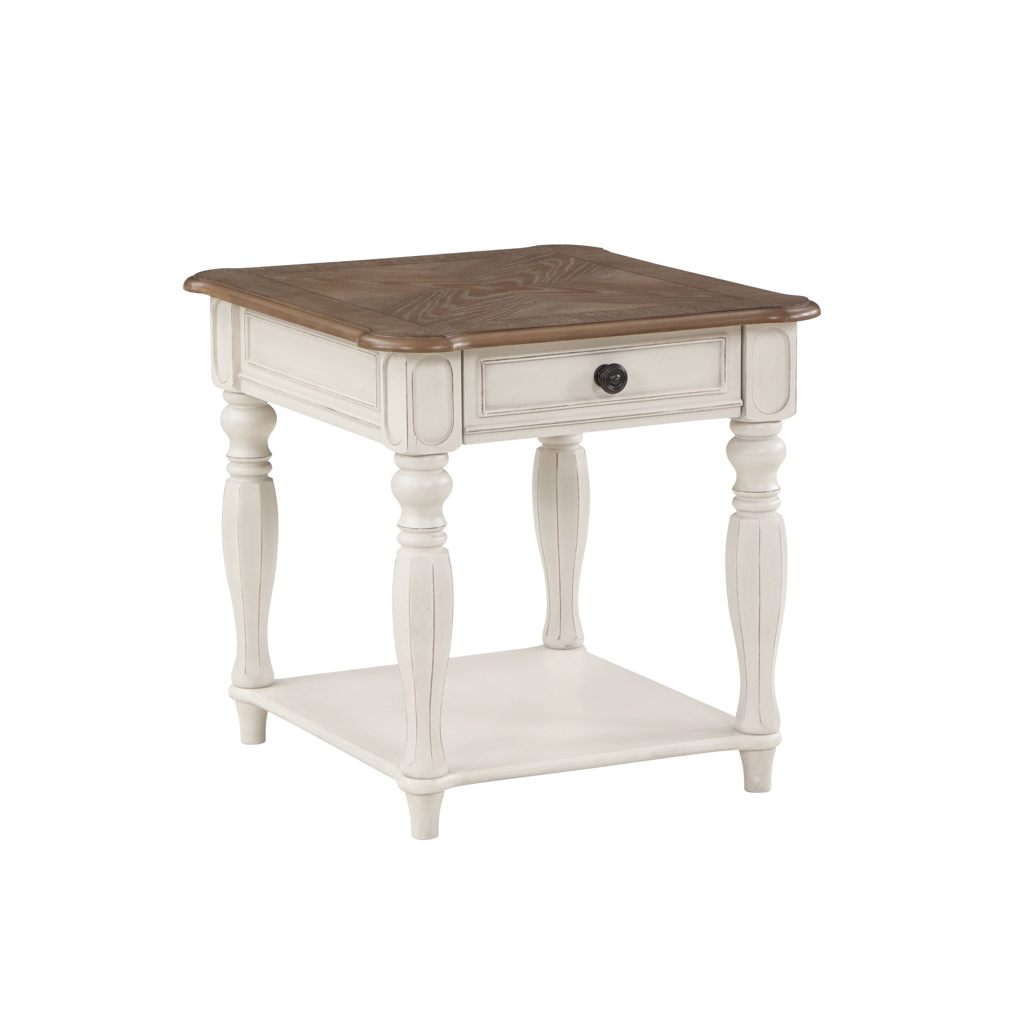 Vintage Style End Table In Oak and antique White Finish with Roman Column Legs for Den， Bedroom， or Living Room， Easy Assemble