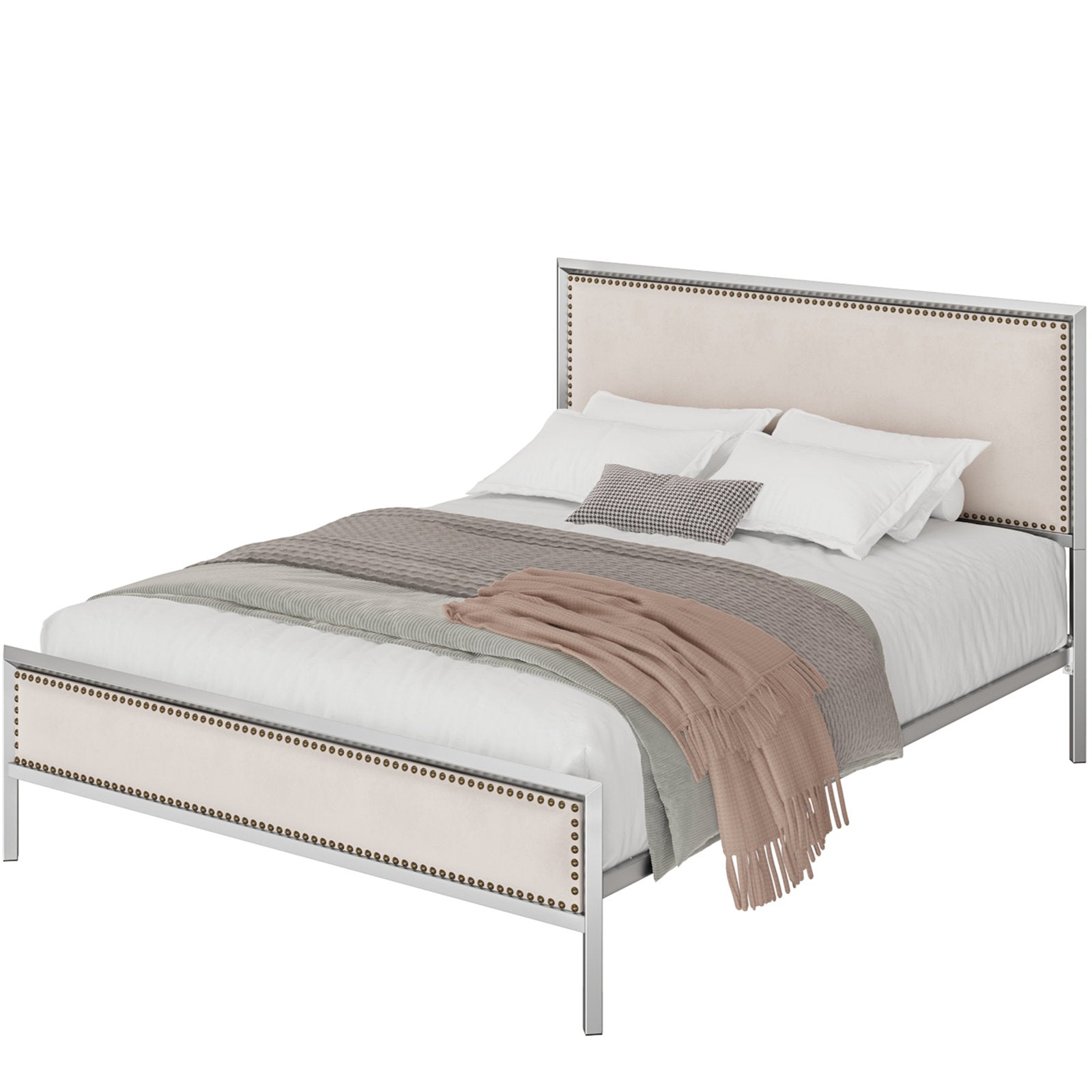 Homfa Queen Size Bed Frame, Modern Metal Framed Bed with Button Linen Tufted Upholstered Headboard, Wooden Slat Support, Sliver