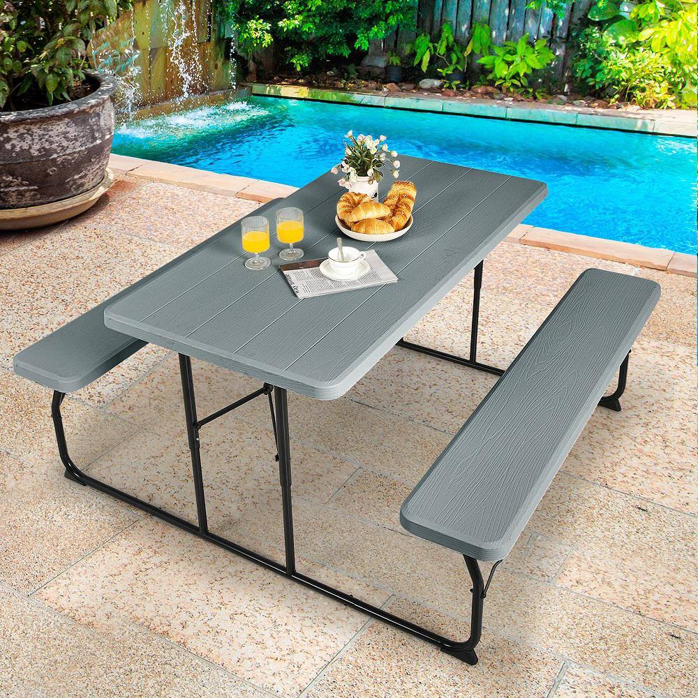 Gymax Metal Outdoor Folding Picnic Table and Bench Set for Camping BBQ with Steel Frame Grey GYM09691