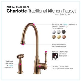 HOUZER Charlotte Traditional Single-Handle Standard Kitchen Faucet with Sidespray and CeraDox Technology in Antique Copper CHASS-682-AC