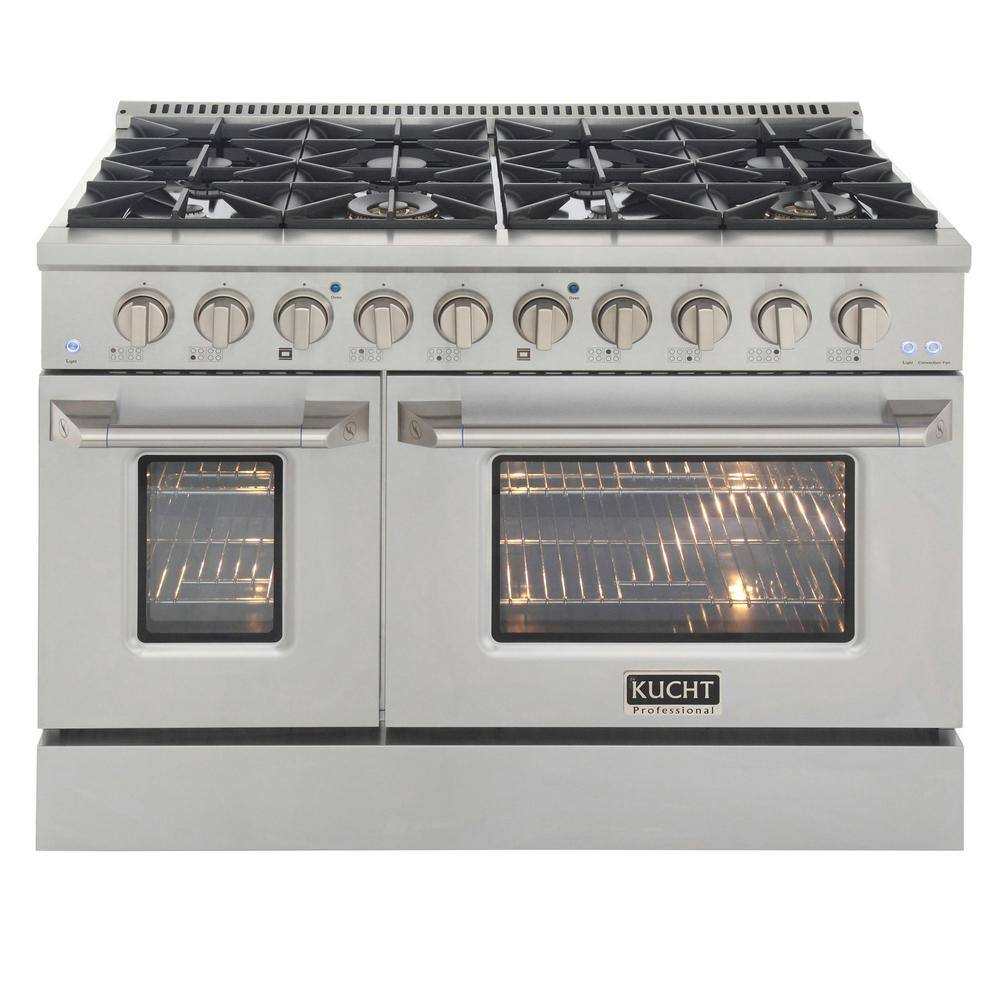 Kucht Pro-Style 48 in. 6.7 cu. ft. Double Oven Natural Gas Range with 8 Burners in Stainless Steel and Silver Oven Doors KNG481-S