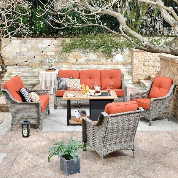 OVIOS 5piece Patio Wicker Conversation Set With Fire Table