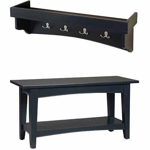 Alaterre Shaker Cottage Bench/Coat Hooks with Tray， Black