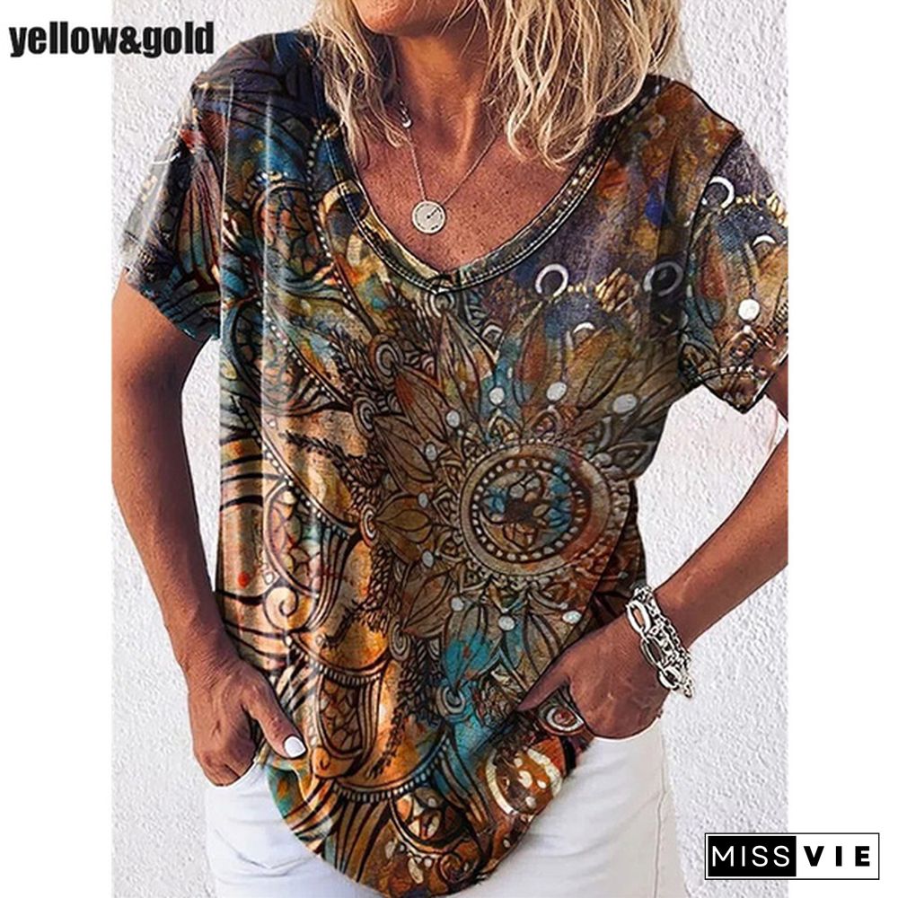 New Trend Casual Loose Large Size Printed Short Sleeve V-Neck Women's T-Shirt