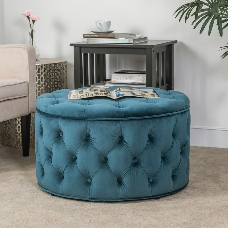 Adeco Round Storage Ottoman Button Tufted Footrest Stool Bench