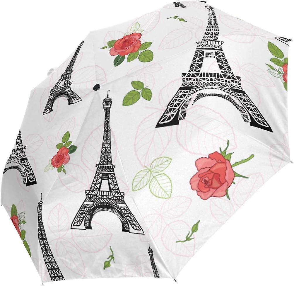 Travel Umbrella Automatic Windproof Foldable Umbrella Black Red Eifel Tower Paris And Roses Flowers