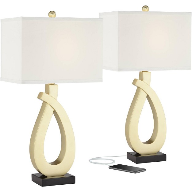 Tall Set Of 2 Sculptural Gold Metal Usb Charging Port White Rectangular Shade Bedroom Living Room