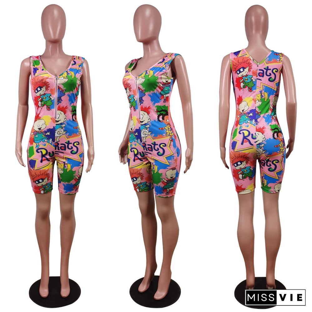 Sports Zipper Sleeveless Cartoon Print Rompers