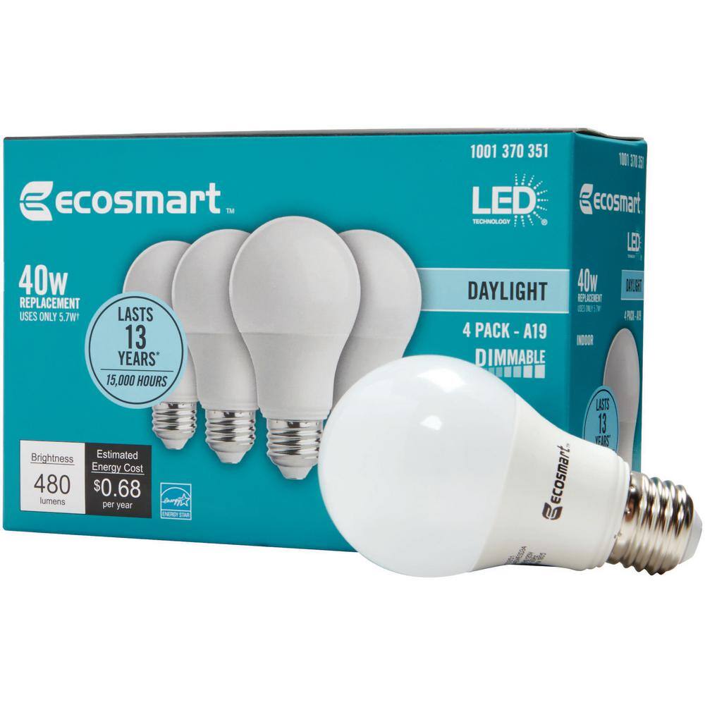 EcoSmart 40-Watt Equivalent A19 Dimmable Energy Star LED Light Bulb Daylight (4-Pack) B7A19A40WESD34