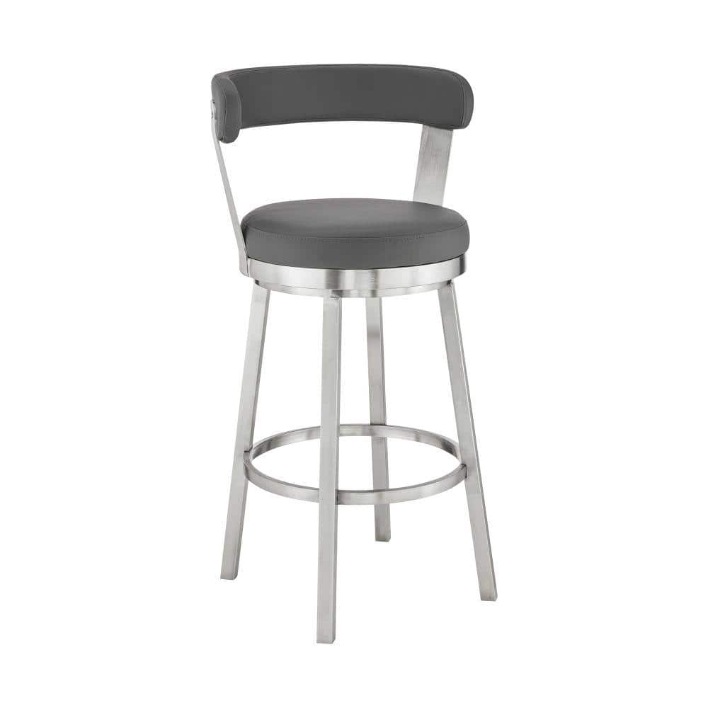 Benjara 40 in. Light Gray Faux Leather Bar Height Swivel Stool with Steel Legs with Metal Frame BM283295