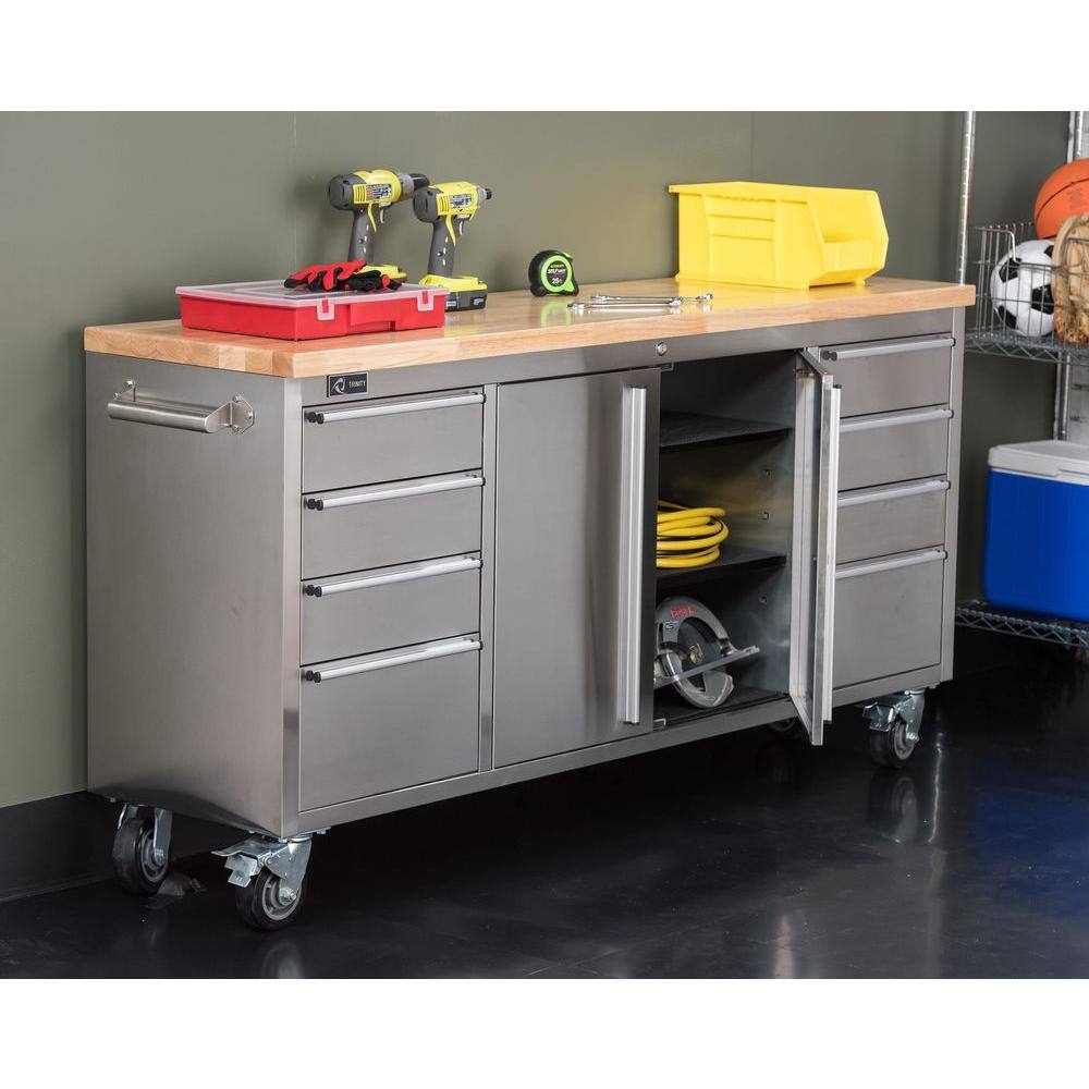 Trinity 6 ft. 8-Drawer Stainless-Steel Corner Rolling Mobile Workbench with Storage TLS-7204