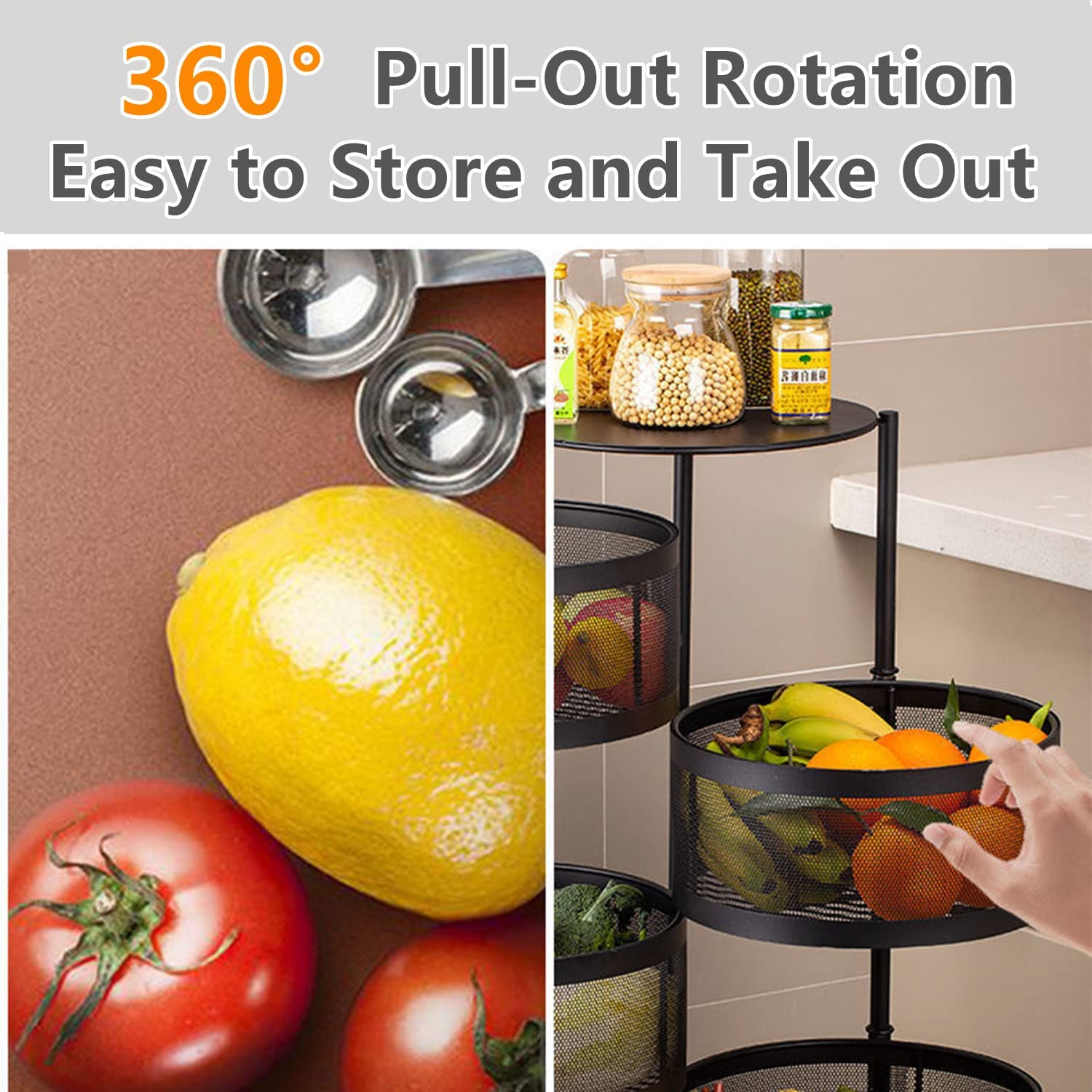 Fruit Vegetable Storage Basket Rolling Cart for Kitchen 5 Tier， Rotating Rack Bins Baskets for Shelving， Food Organizer Utility Carts Metal Shelf Stand with Wheels Drawers for Bathroom， Living Room