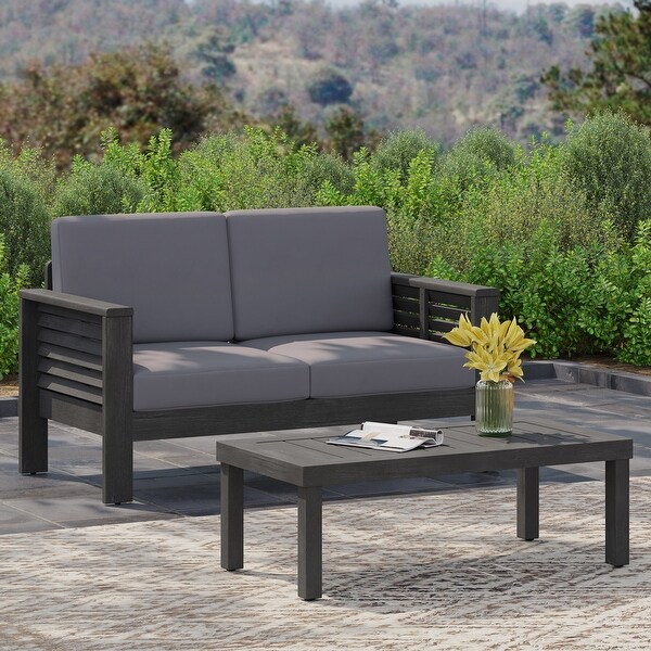 Acacia Wood Outdoor Loveseat and Coffee Table Set with Cushions