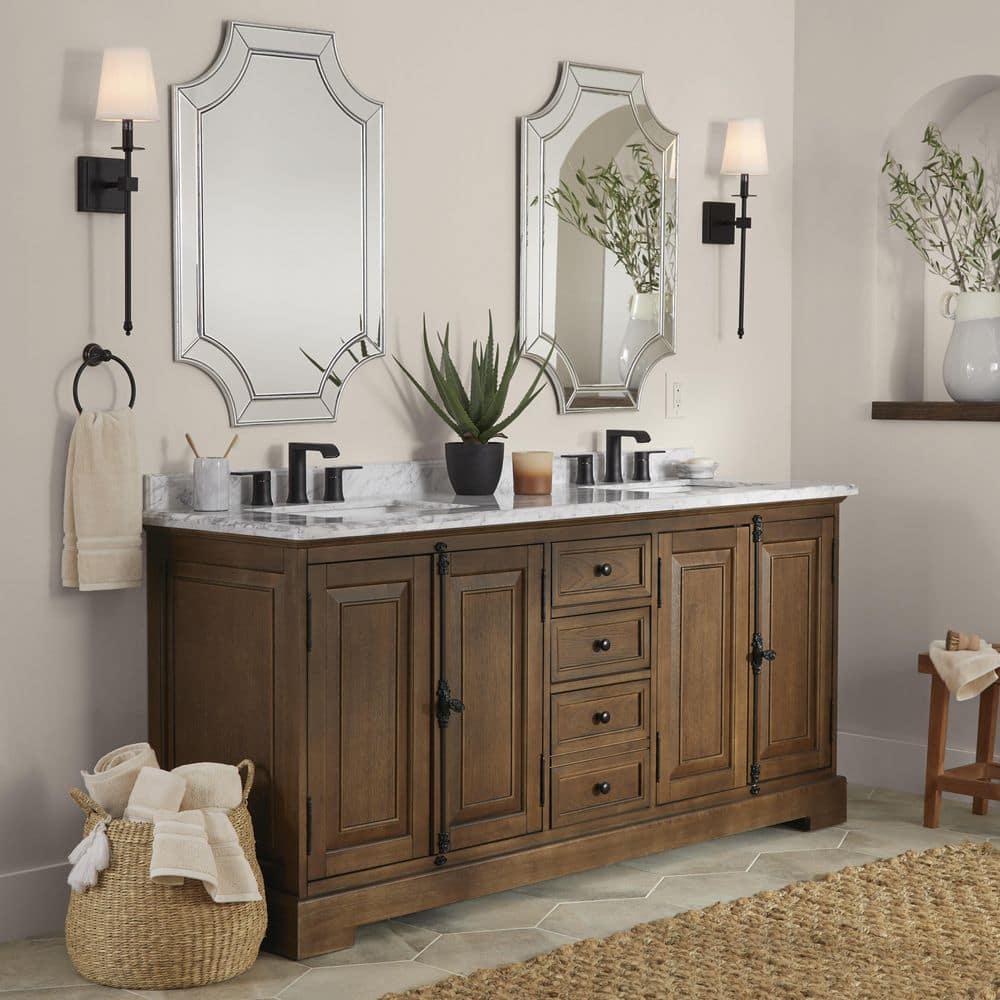 Home Decorators Collection Clinton 72in W x 22in D x 35in H Bath Vanity in Antique Coffee Double White Sinks w White Marble Top