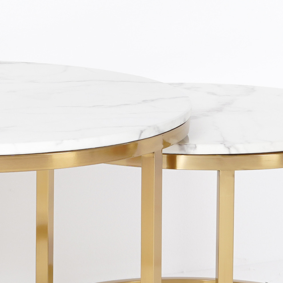 Modern Round Coffee Table Gold Metal  ampWhite Marble Accent Table with Set of 2   Contemporary   Coffee Table Sets   by Homary International Limited  Houzz