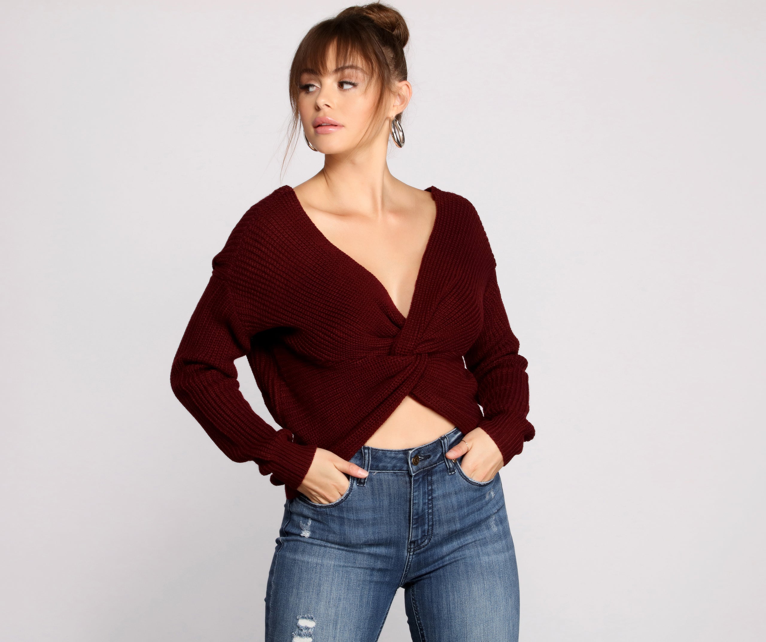 Trendy Knot Back V Neck Sweater