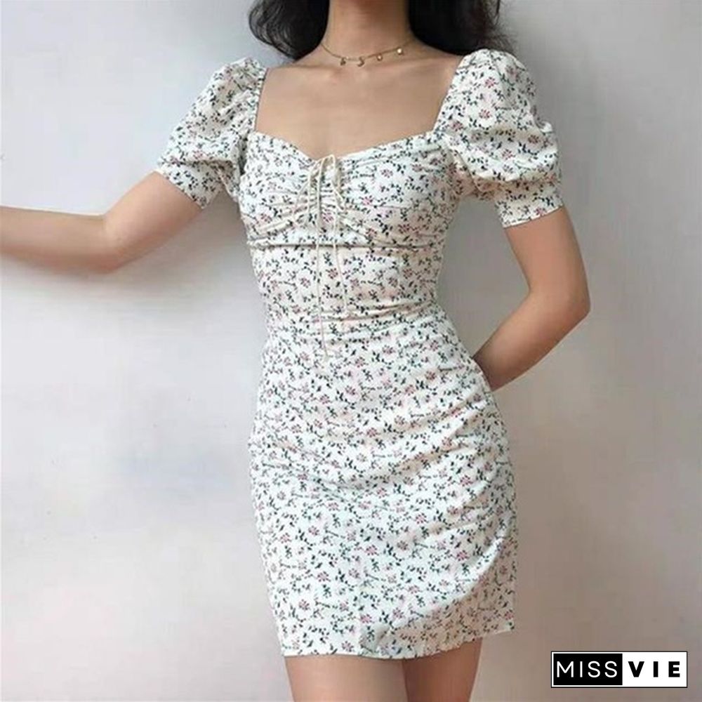 Summer Dress Retro Boho Women Tie Neck Floral Print Mini Sexy White Dress Elegant Puff Sleeve Dresses