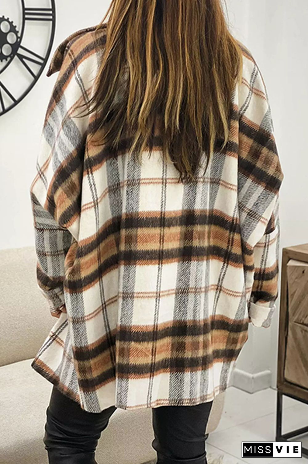 Plaid Lapel Hem Slit Loose Coat