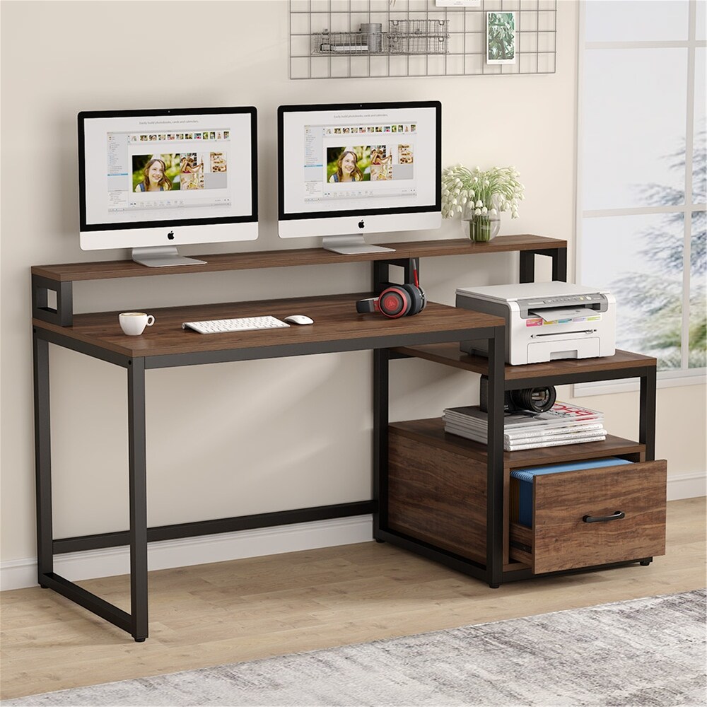 59'' Computer Desk with Drawer  Storage Shelves and Monitor Stand