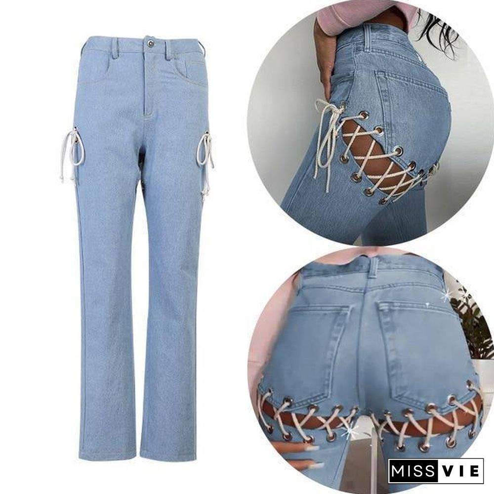 SEASONS Side Cross Chain Hollow Out Wide-leg Women's Jeans High Waist Pants Sexy Elegant Ladies Europe Fashion Jeans ASPA80826