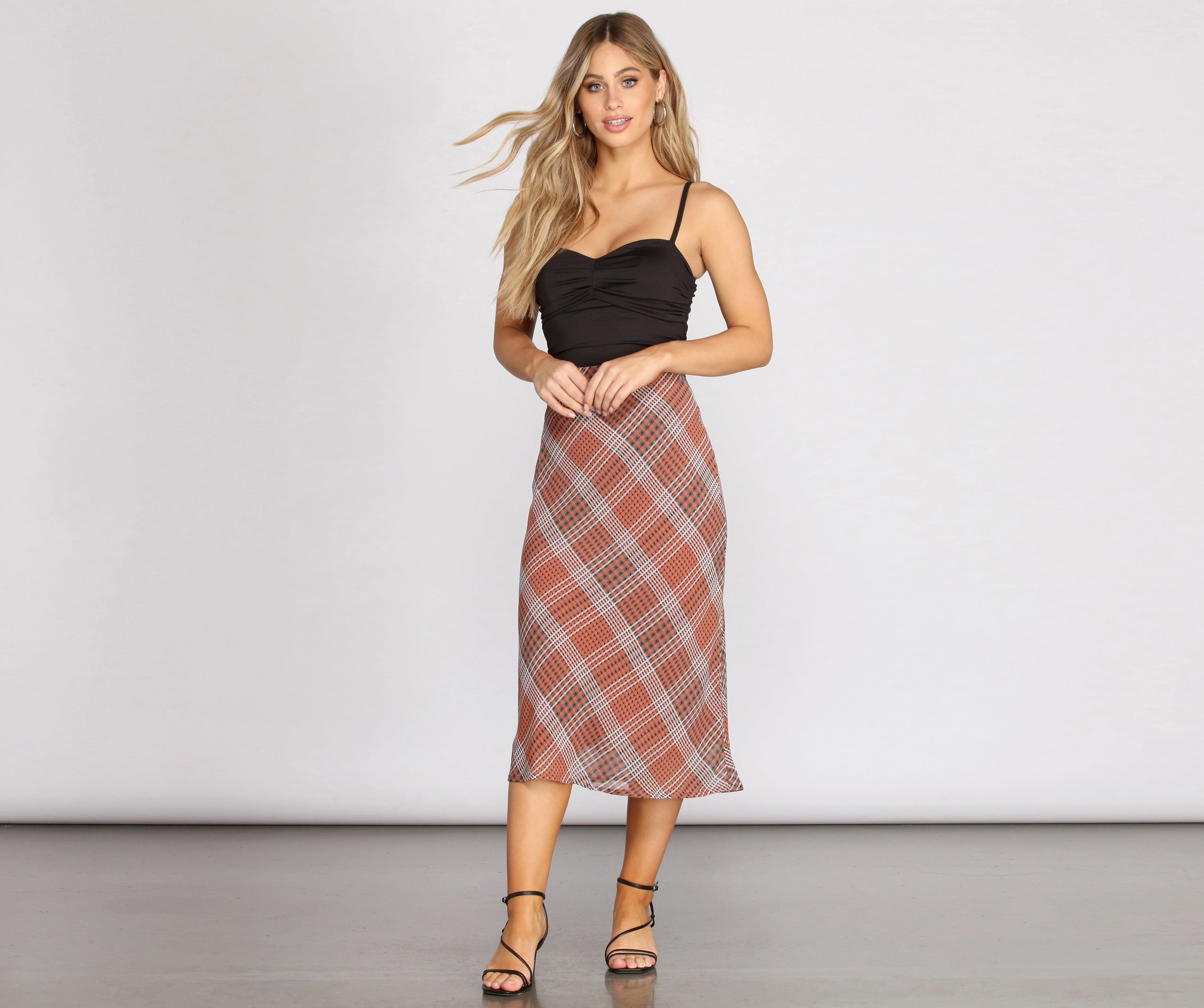 Plaid Chiffon Midi Skirt